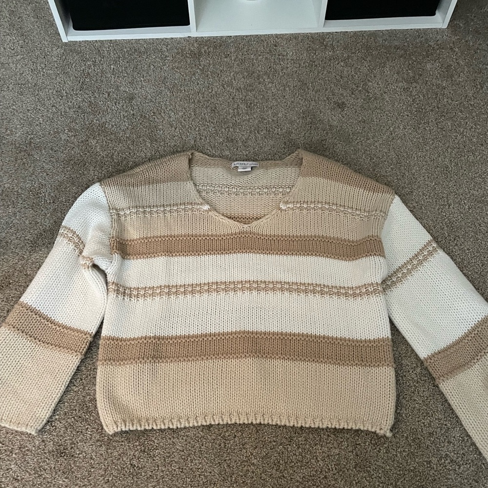 Striped V-Neck Sweater - Cream and Tan